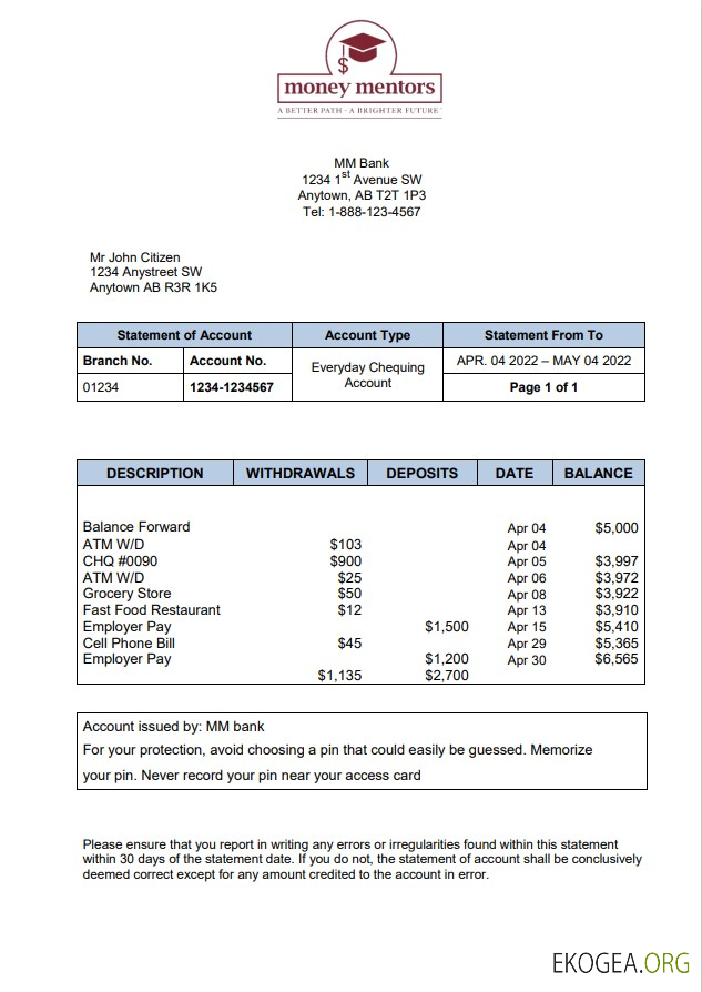 Relevé bancaire Canada MM